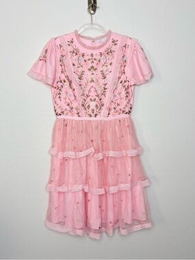 Ivy City Co Ingrid Dress Pink Floral Embroidered Tulle Midi Cottagecore Small